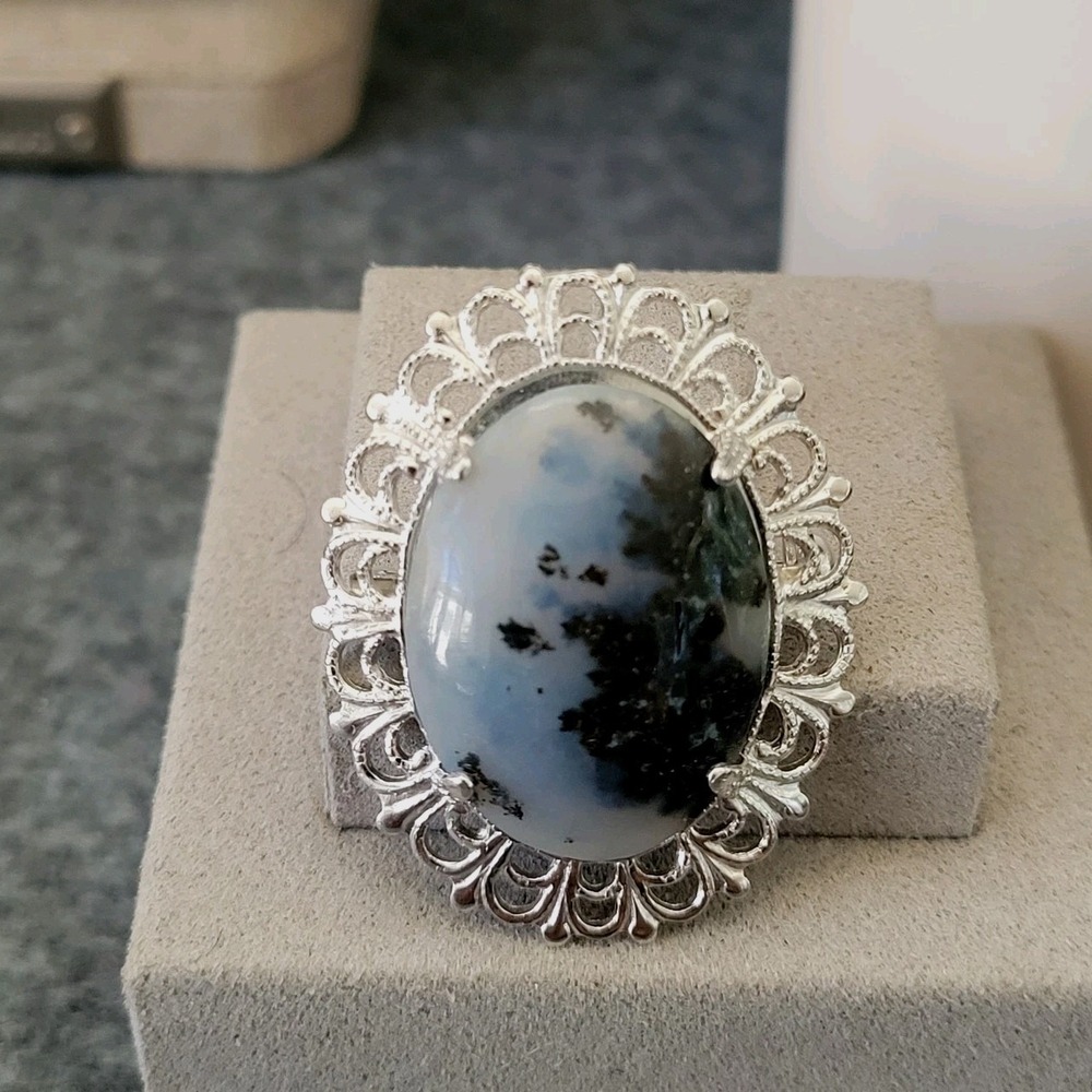 Sterling Silver Tree Agate Dendritic Agate Openwork Brooch 35.5mm